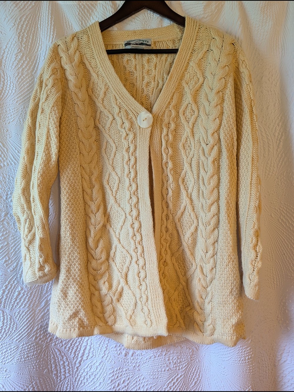 Aran Crafts - 100% Merino Wool - Yellow Cable-Knit Women's Cardigan